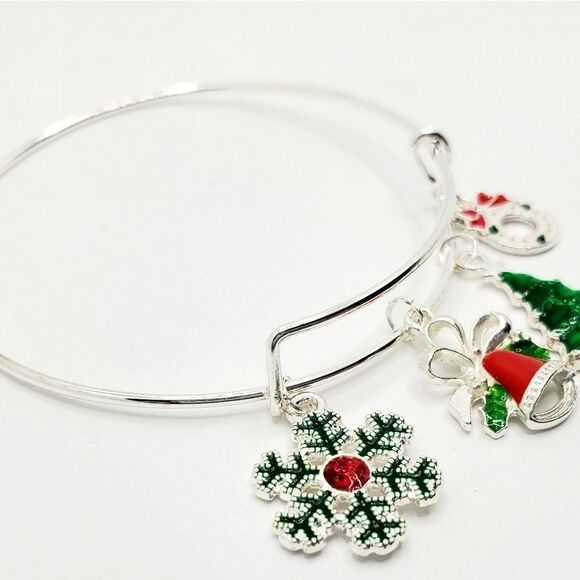 Silver Christmas Charm Bangle Bracelet - Picture 6 of 9